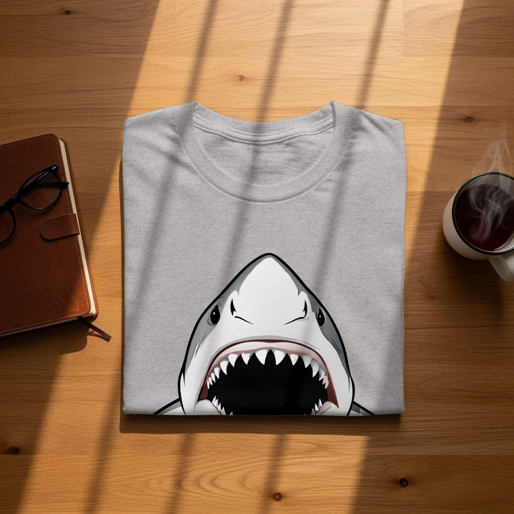 Grey t-shirt with a graphic of a shark's head with open jaws and sharp teeth.