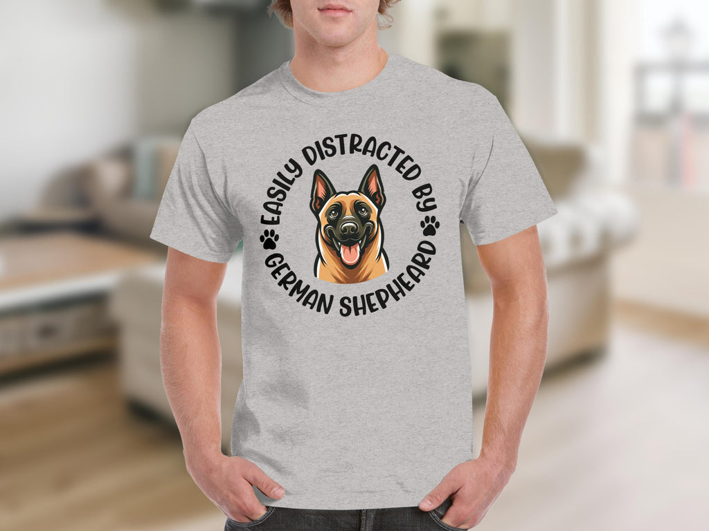 German Shepherd portrait with text "Easily Distracted By German Shepherd" on a grey t-shirt.
