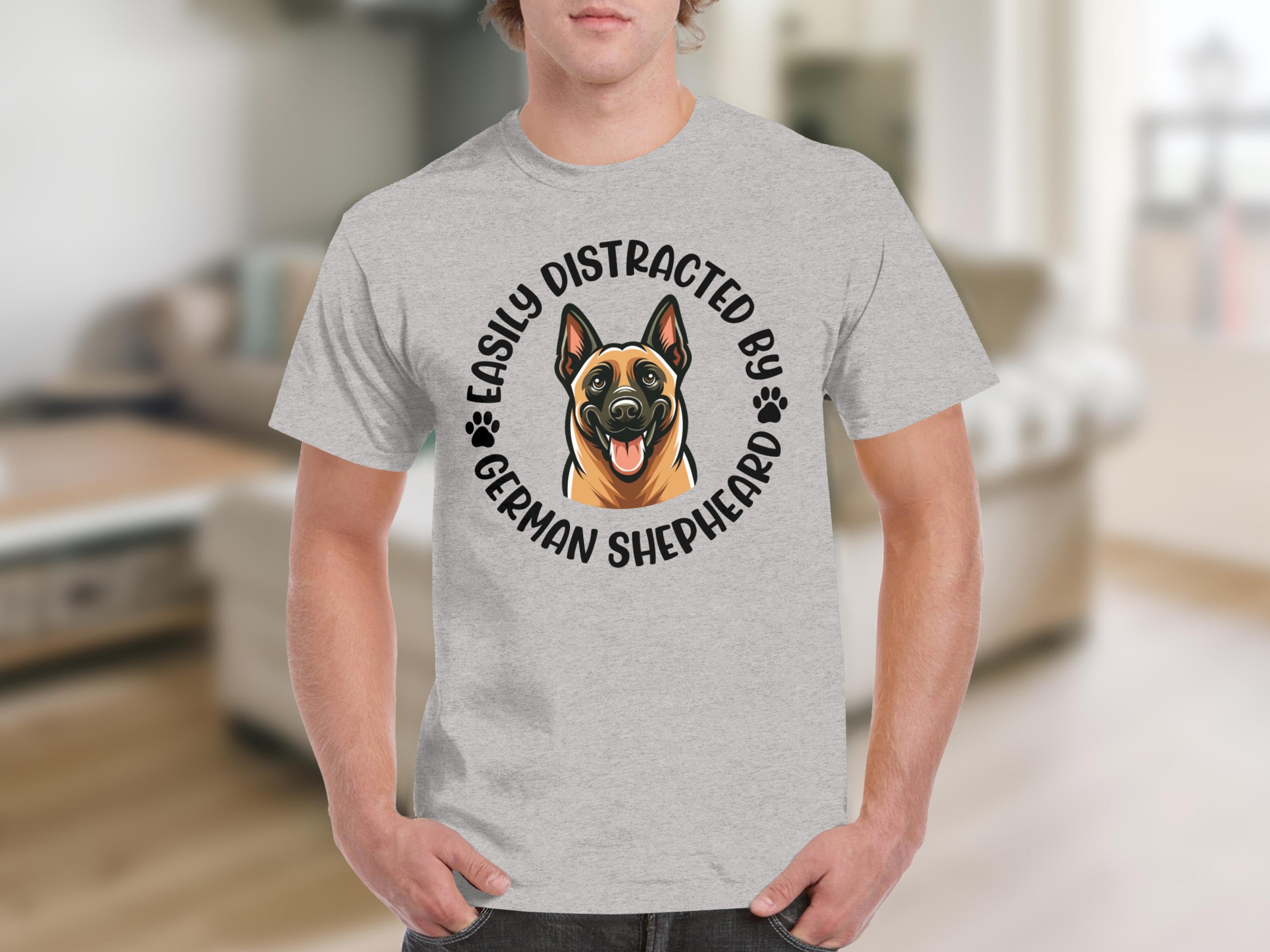 German Shepherd portrait with text "Easily Distracted By German Shepherd" on a grey t-shirt.