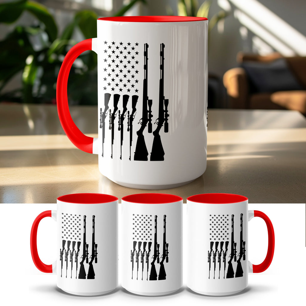 White mug with red handle and rim, featuring an American flag silhouette made of rifles.