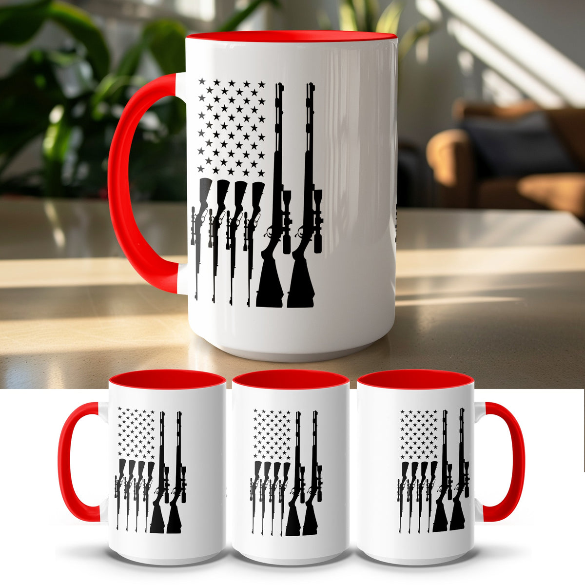 White mug with red handle and rim, featuring an American flag silhouette made of rifles.