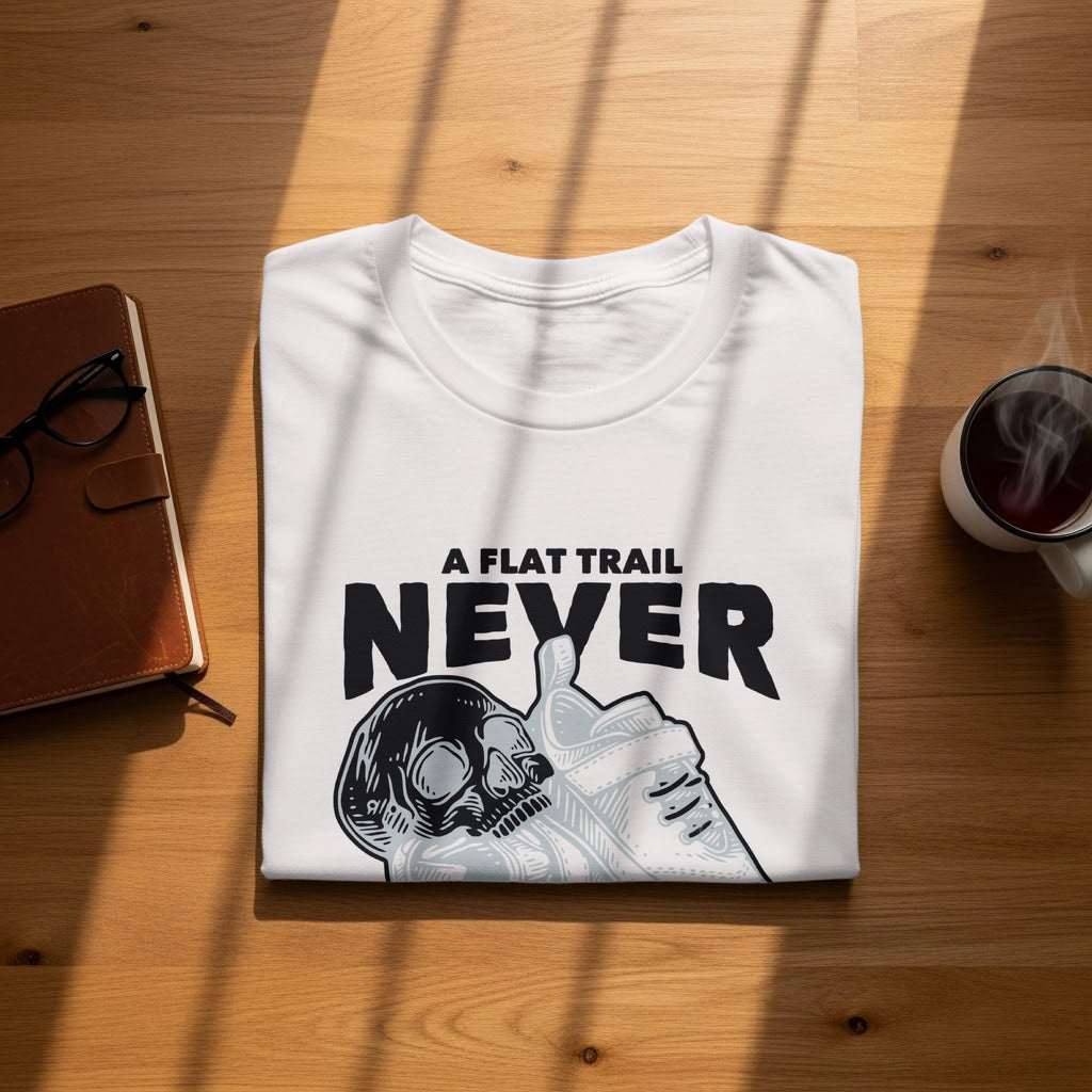 White t-shirt with skull and sneaker graphic saying "A Flat Trail NEVER".