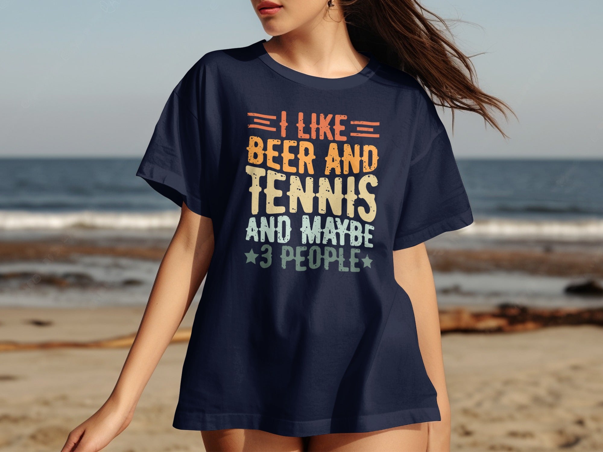 Navy shirt with distressed text: "I like beer and tennis and maybe 3 people."