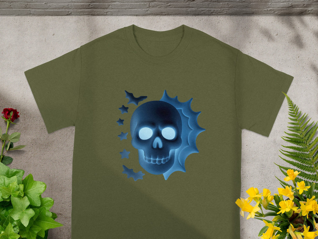 Green t-shirt with a glow-in-the-dark blue skull, bats, and stars graphic.