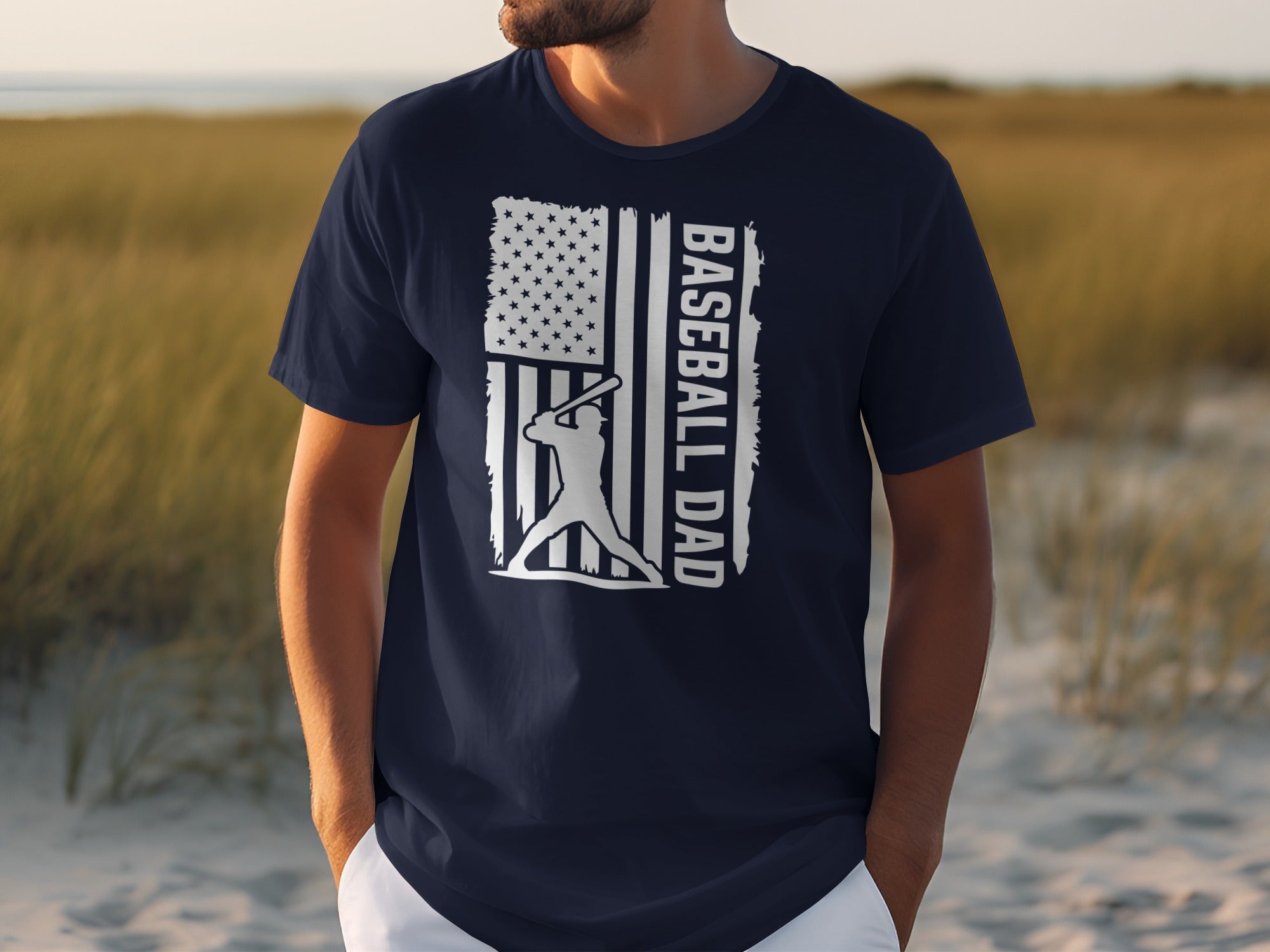 Navy t-shirt with distressed American flag graphic and "BASEBALL DAD" text.