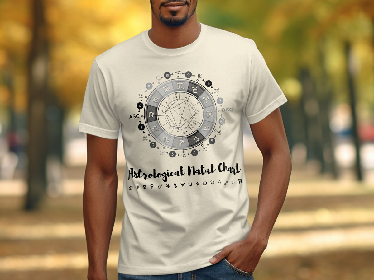 Light colored t-shirt with astrological natal chart design and text.