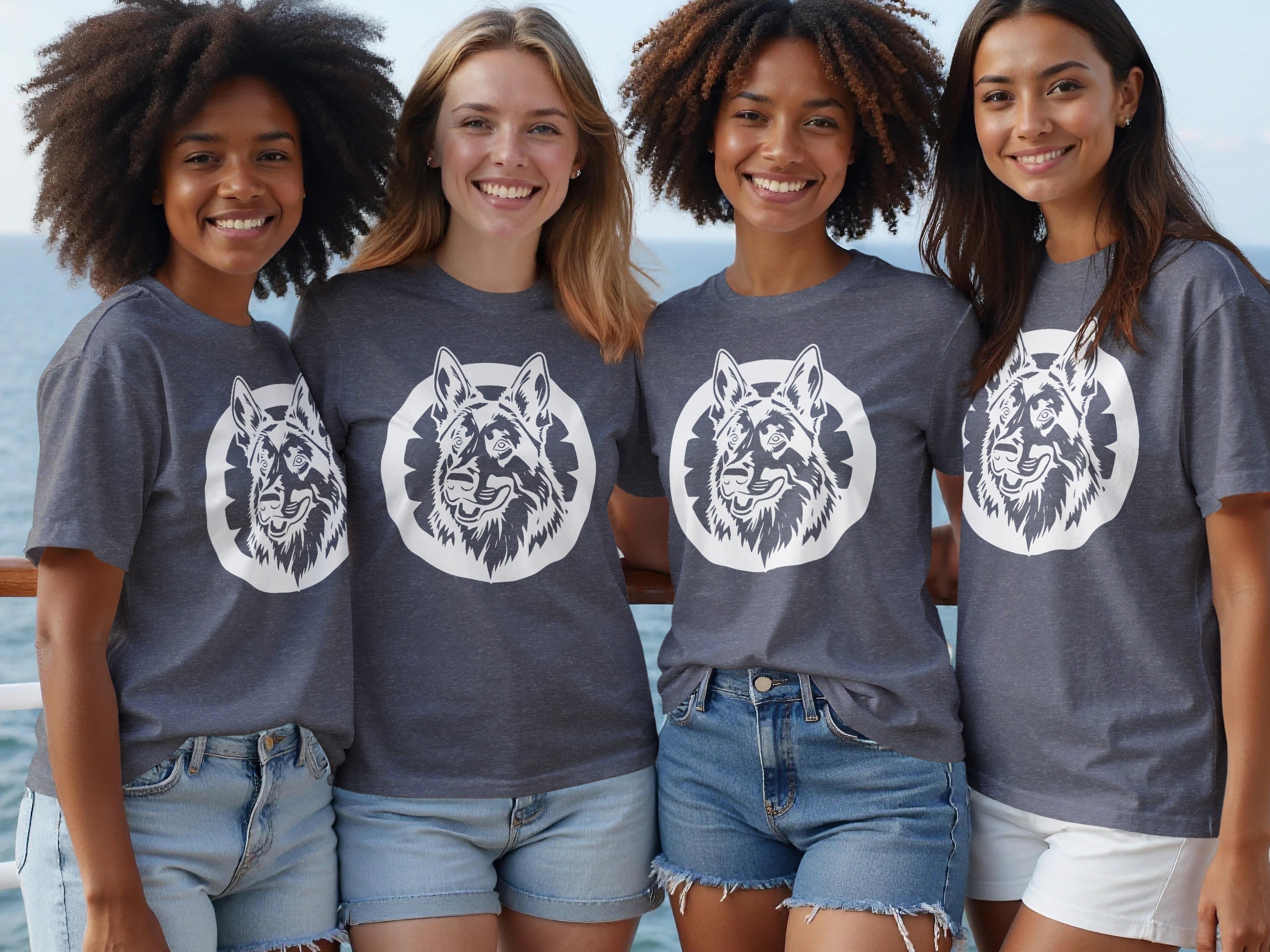 Four women wear dark grey t-shirts with a white German Shepherd graphic.