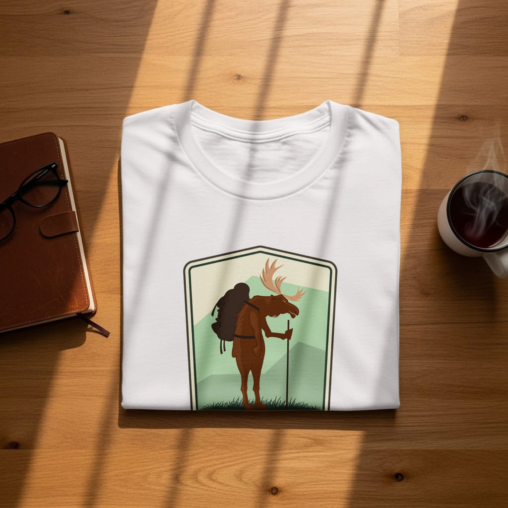 White t-shirt with a printed graphic of a moose hiking in a crest.
