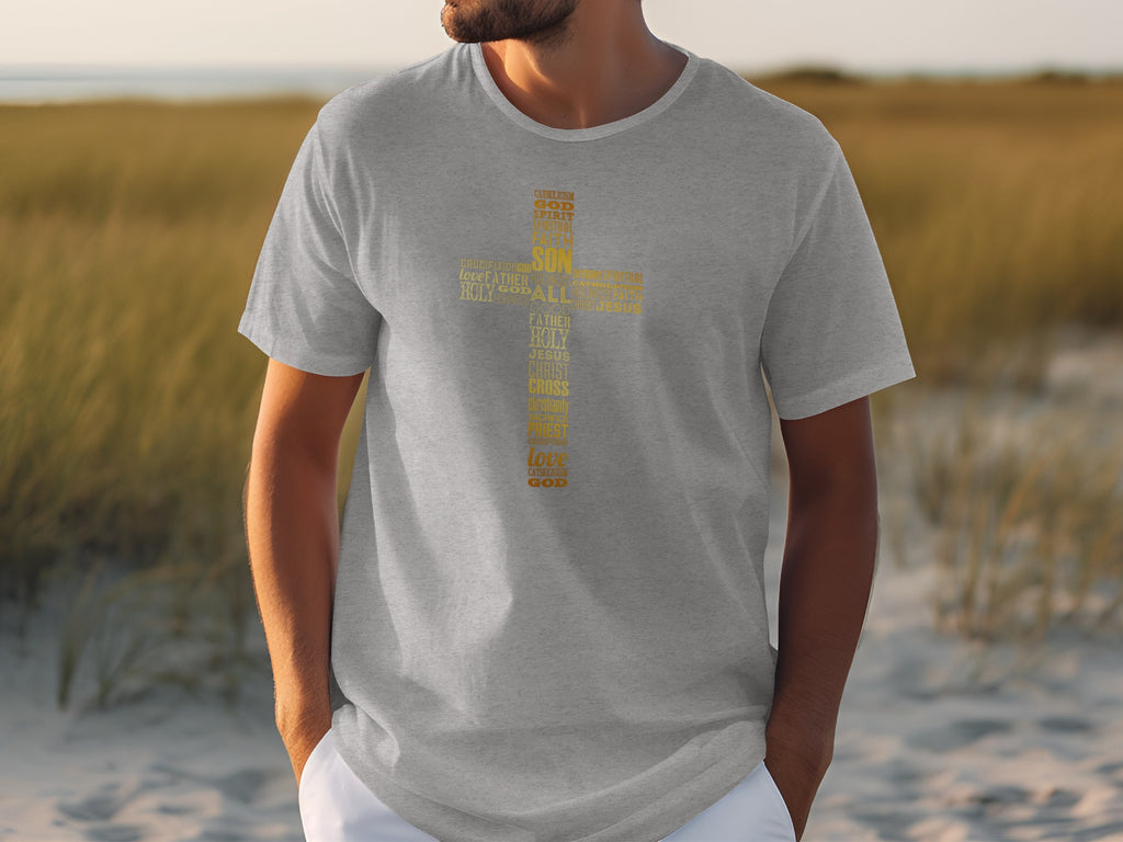 Gray t-shirt with yellow word art forming a cross: God, Son, Jesus, Love, Cross.