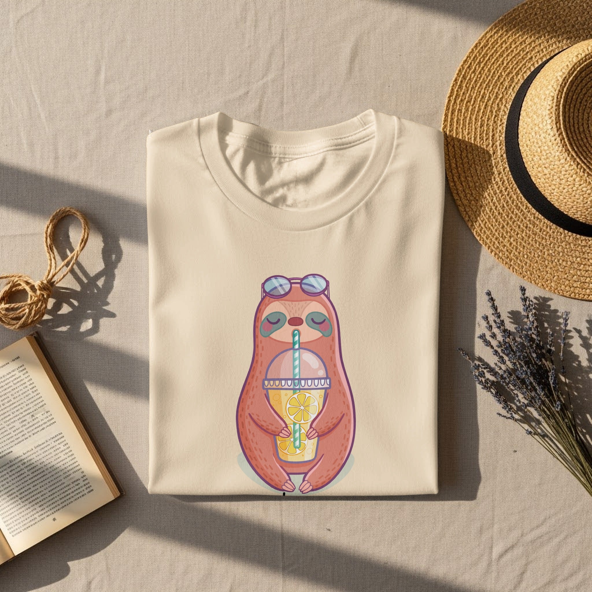Light cream t-shirt with a cartoon sloth wearing sunglasses drinking lemonade.