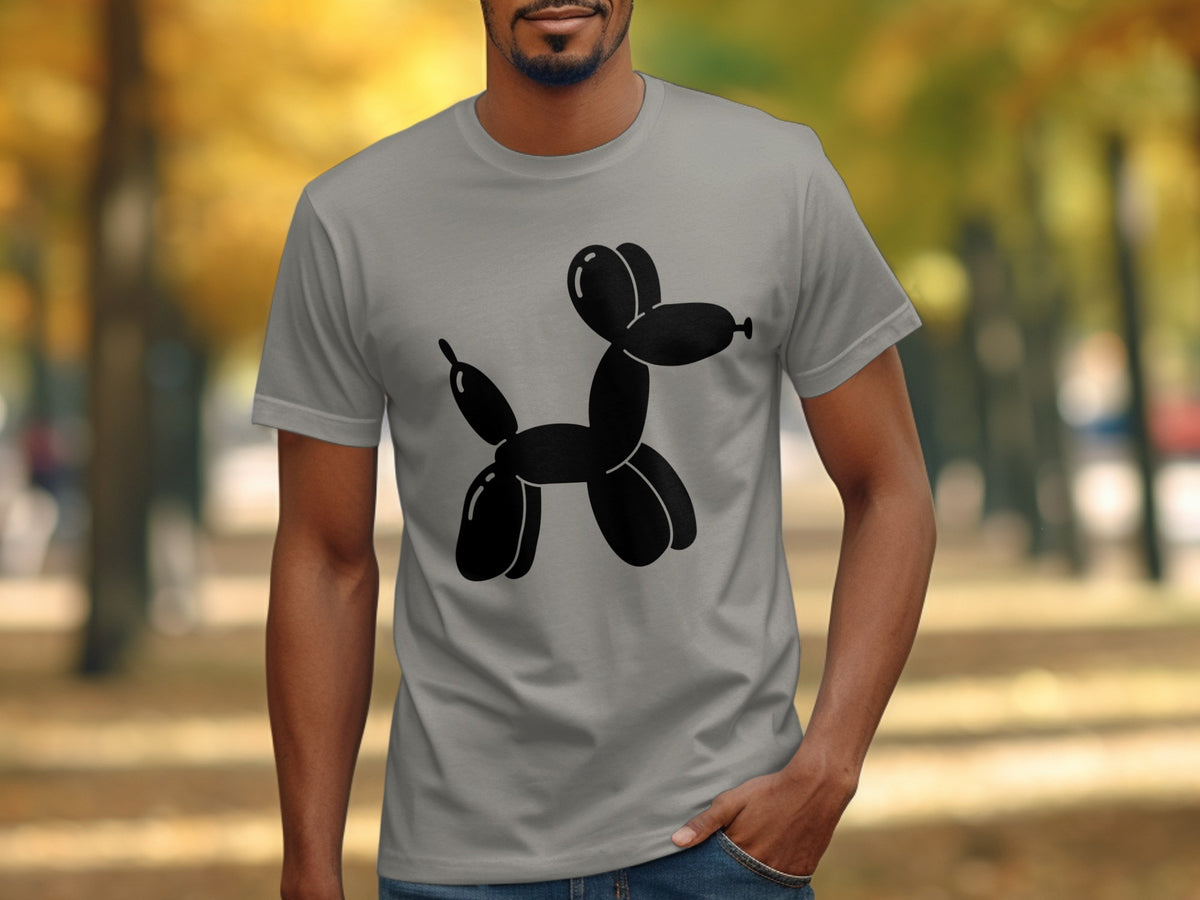 Grey t-shirt with a black balloon dog graphic on the front.