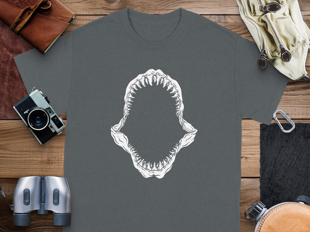 Dark gray t-shirt with a white shark jaw graphic.