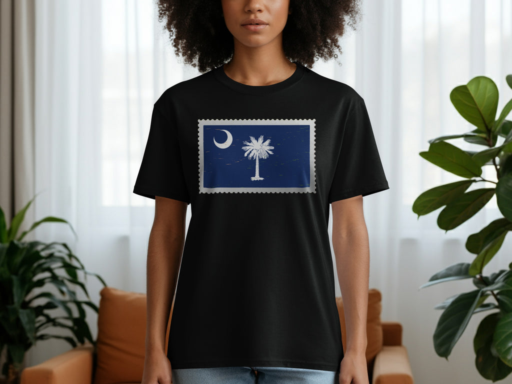 Black t-shirt featuring a postage stamp design of the South Carolina flag.
