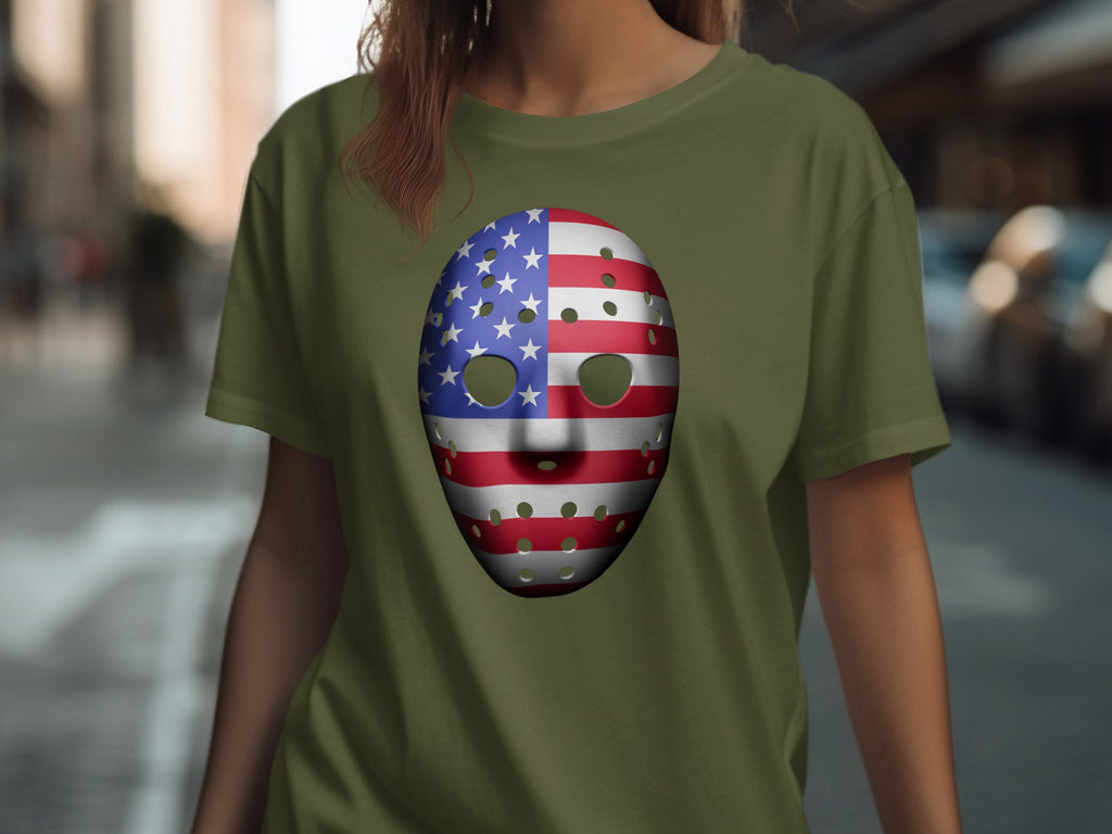 Green t-shirt with an American flag hockey mask design.