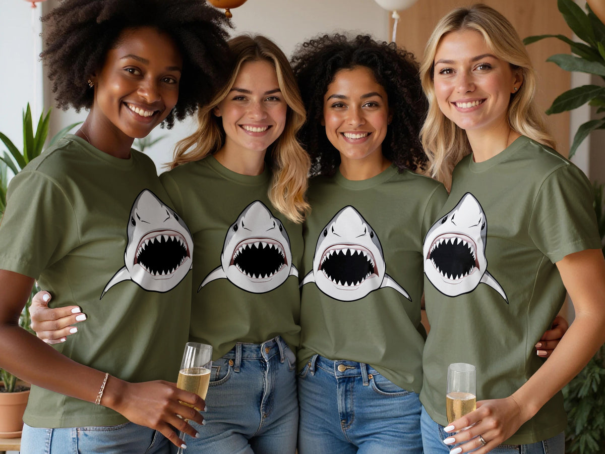 Four smiling women in olive green t-shirts with shark graphics, holding champagne glasses.