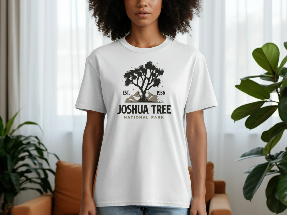 White t-shirt with Joshua Tree National Park graphic, EST. 1936