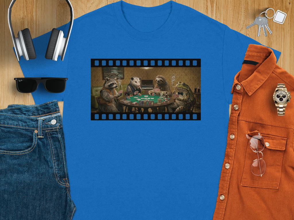 A raccoon, possum, sloth, and frog play poker in a film strip graphic.