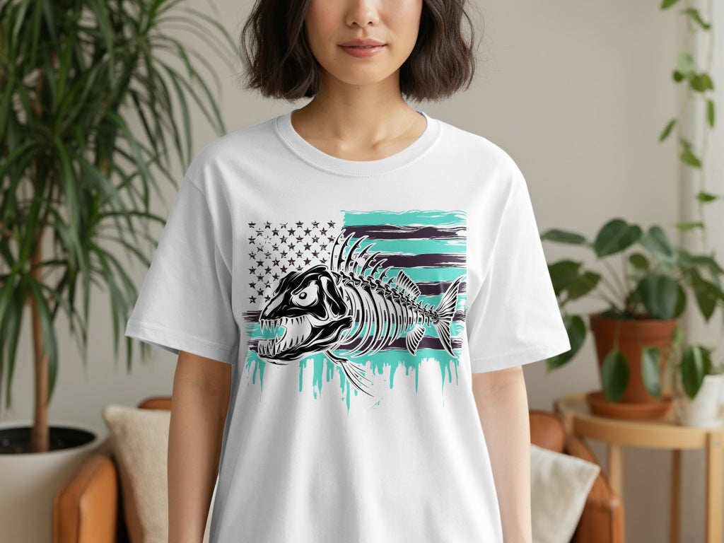 White t-shirt with graphic of fish skeleton over distressed American flag.