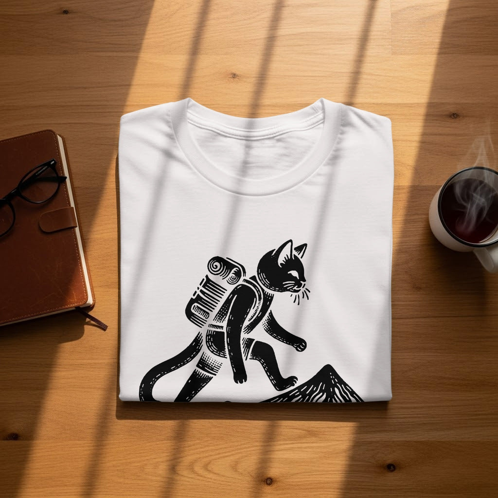 White t-shirt with black graphic of cat hiking with backpack up a mountain.