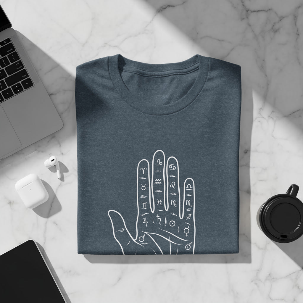 Dark blue t-shirt with white palmistry hand and zodiac symbols design.