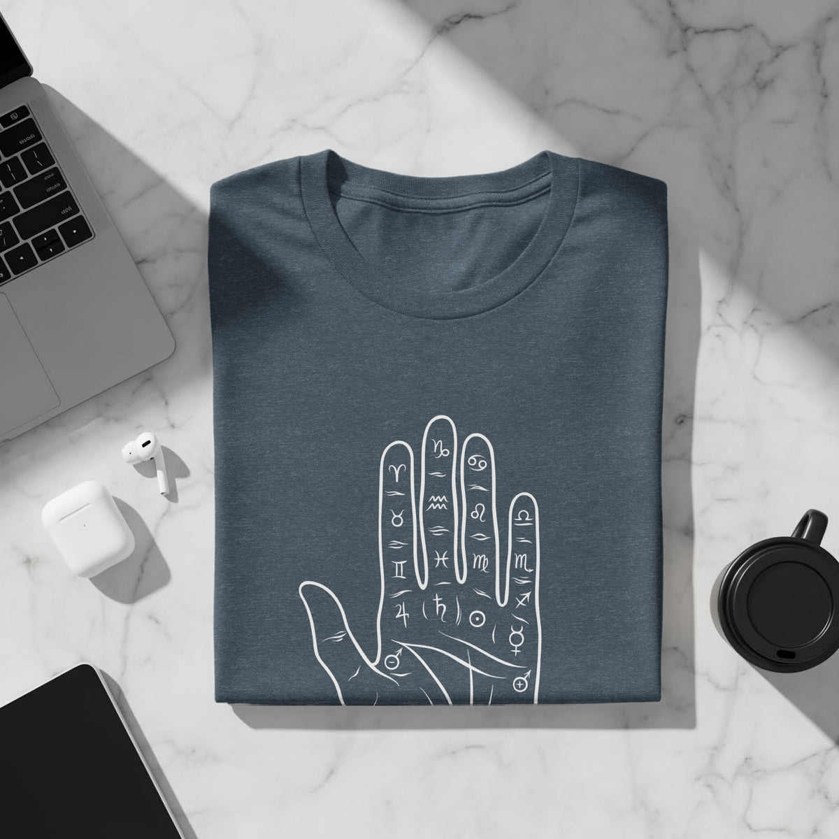 Dark blue t-shirt with white palmistry hand and zodiac symbols design.