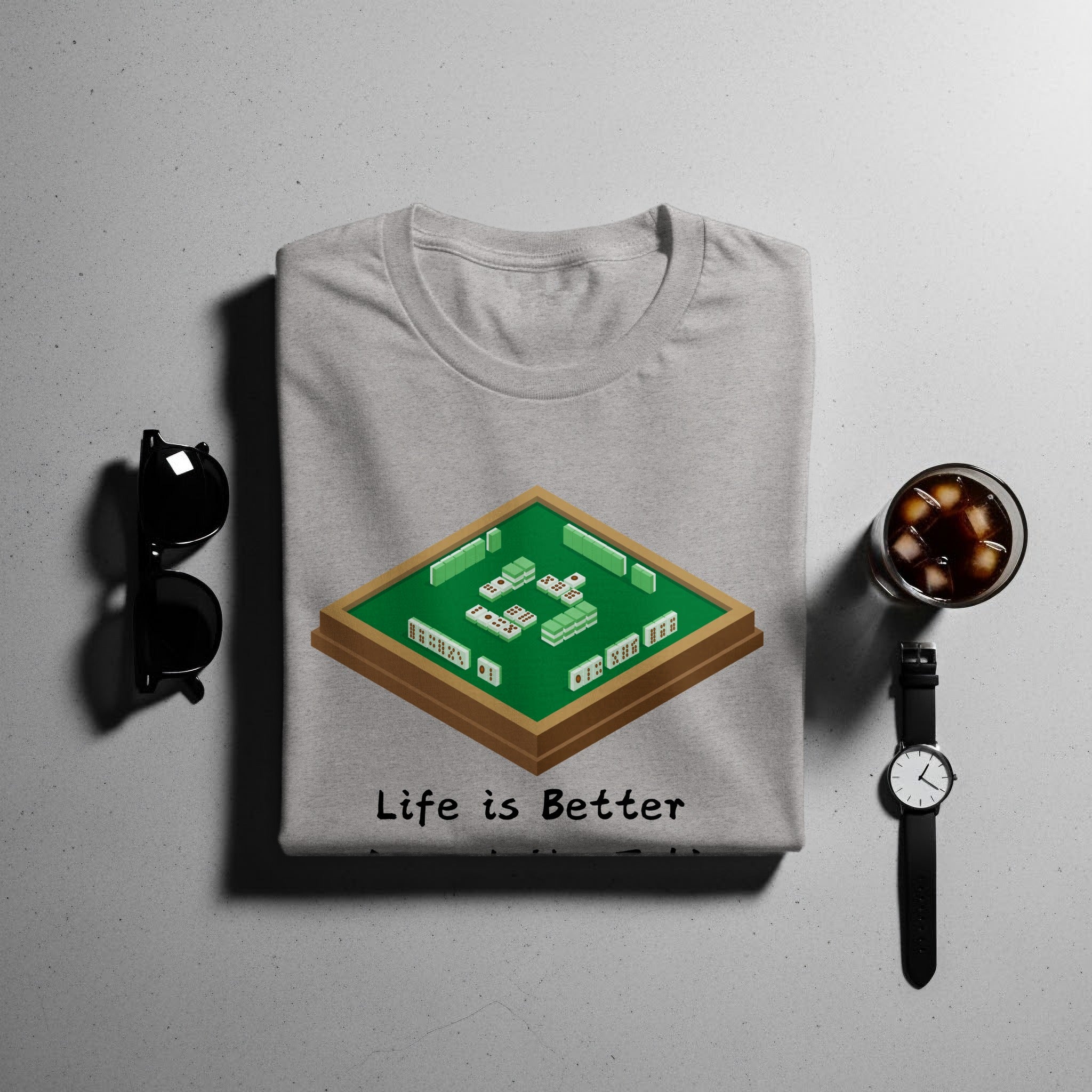 T-shirt with a mahjong tile board graphic and "Life is Better" text.