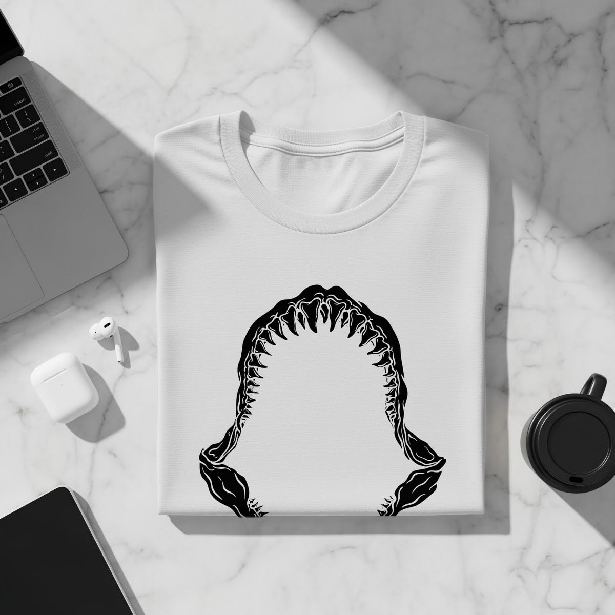 White t-shirt featuring a black graphic of open shark jaws with sharp teeth.