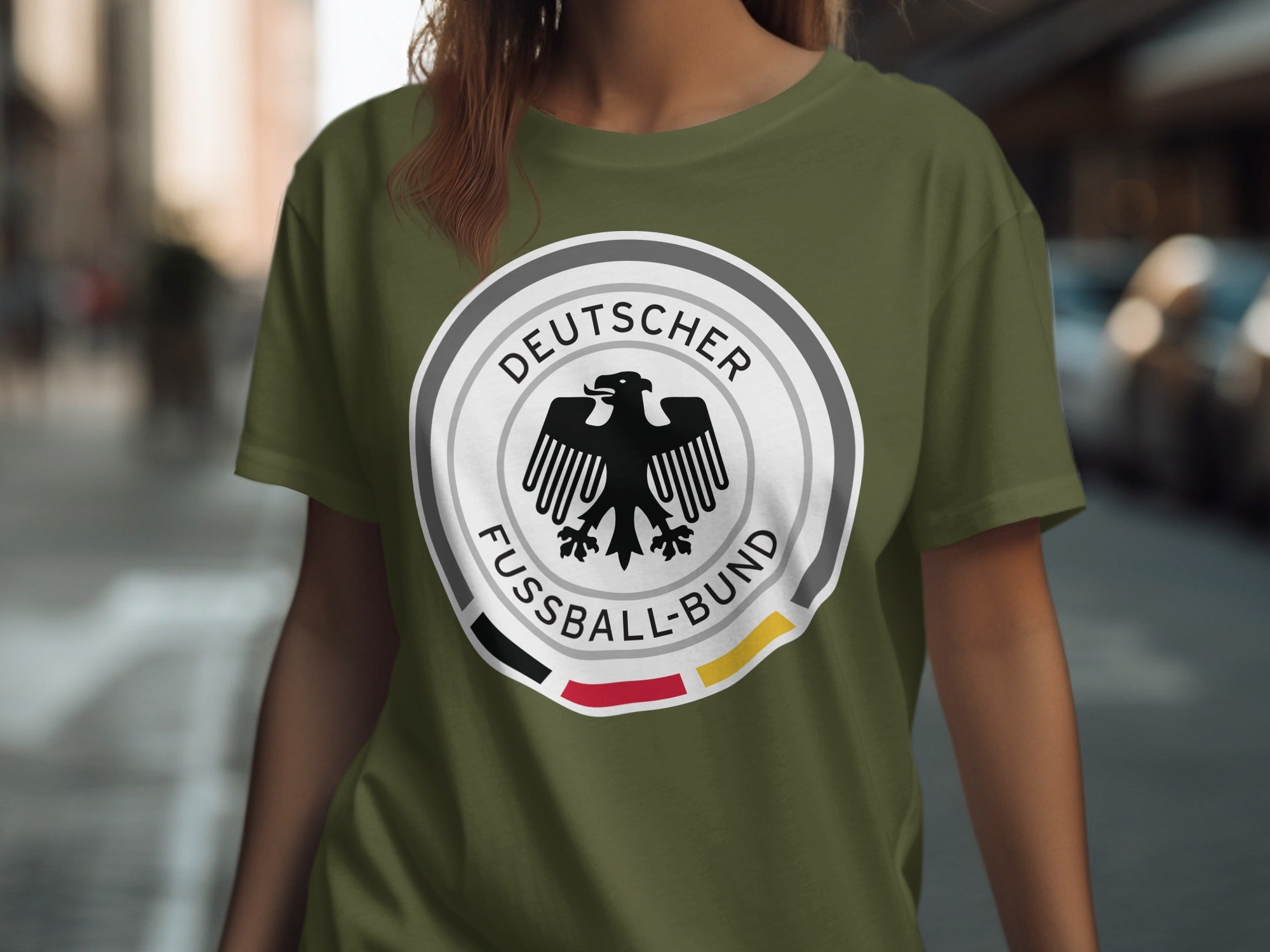 Green t-shirt with Deutscher Fußball-Bund logo featuring a black eagle and German flag colors.