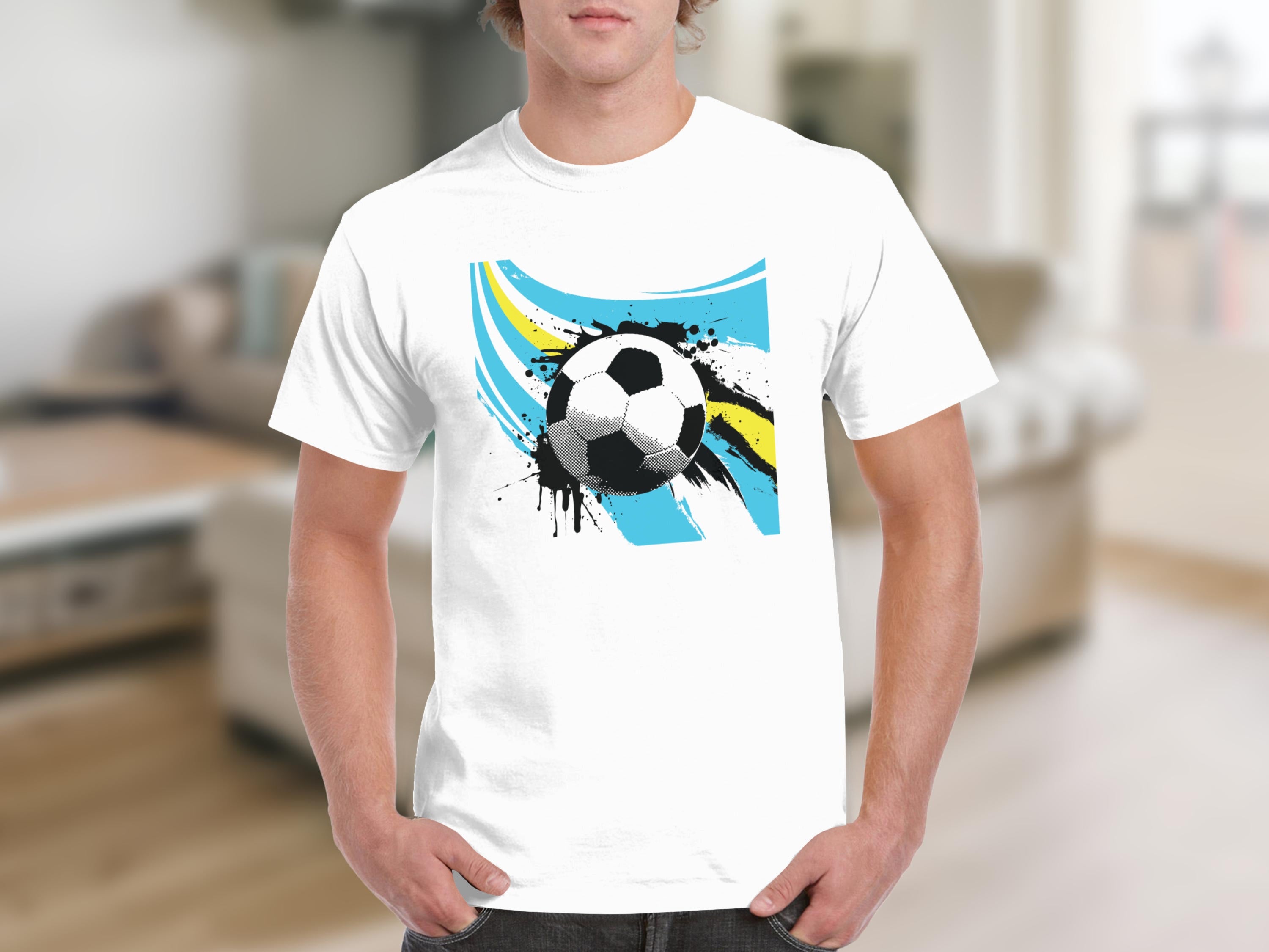 White t-shirt featuring a distressed soccer ball graphic with blue and yellow accents.