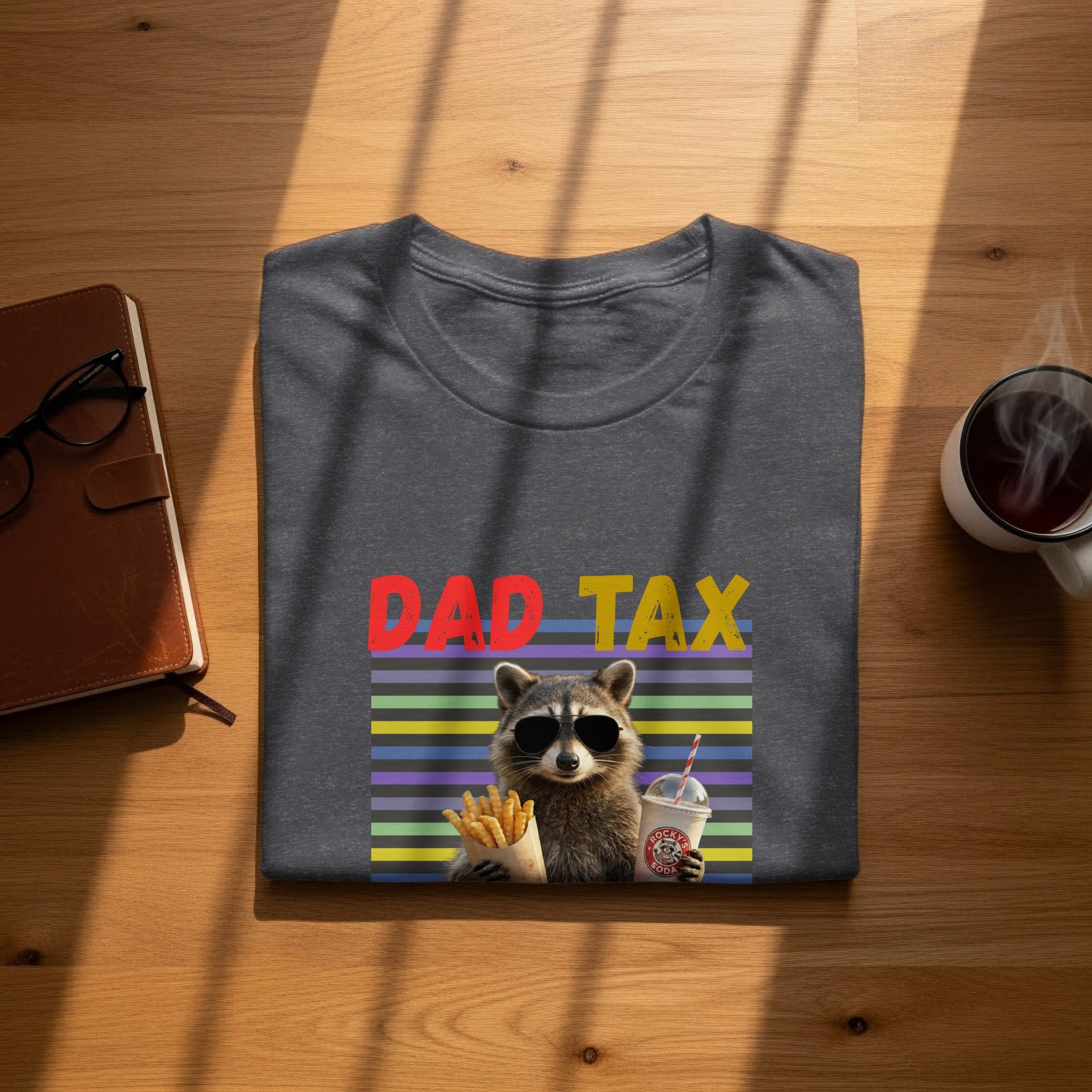 T-shirt with "DAD TAX" text, raccoon in sunglasses with french fries and soda.