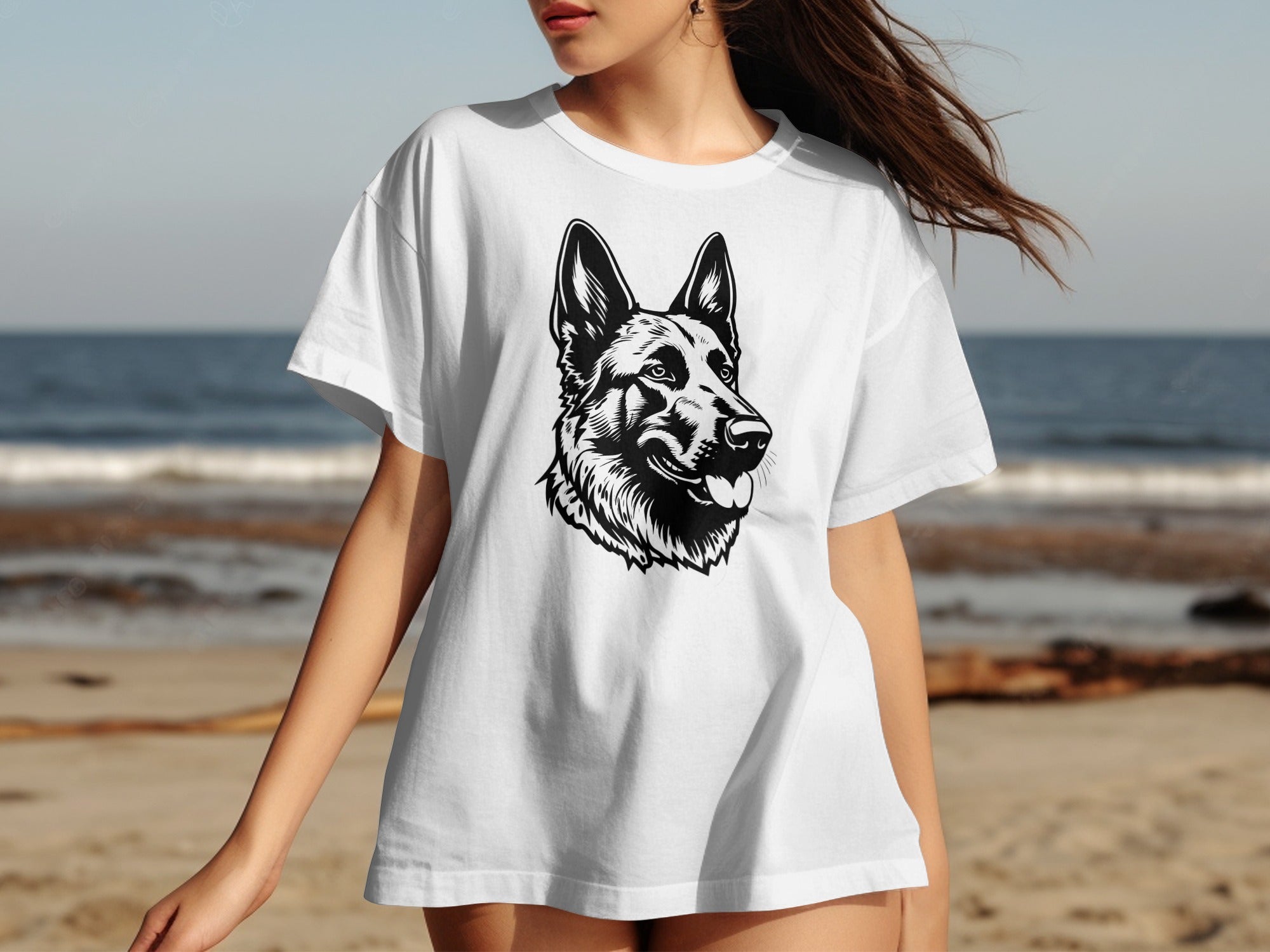 White t-shirt with a black and white German Shepherd dog graphic.
