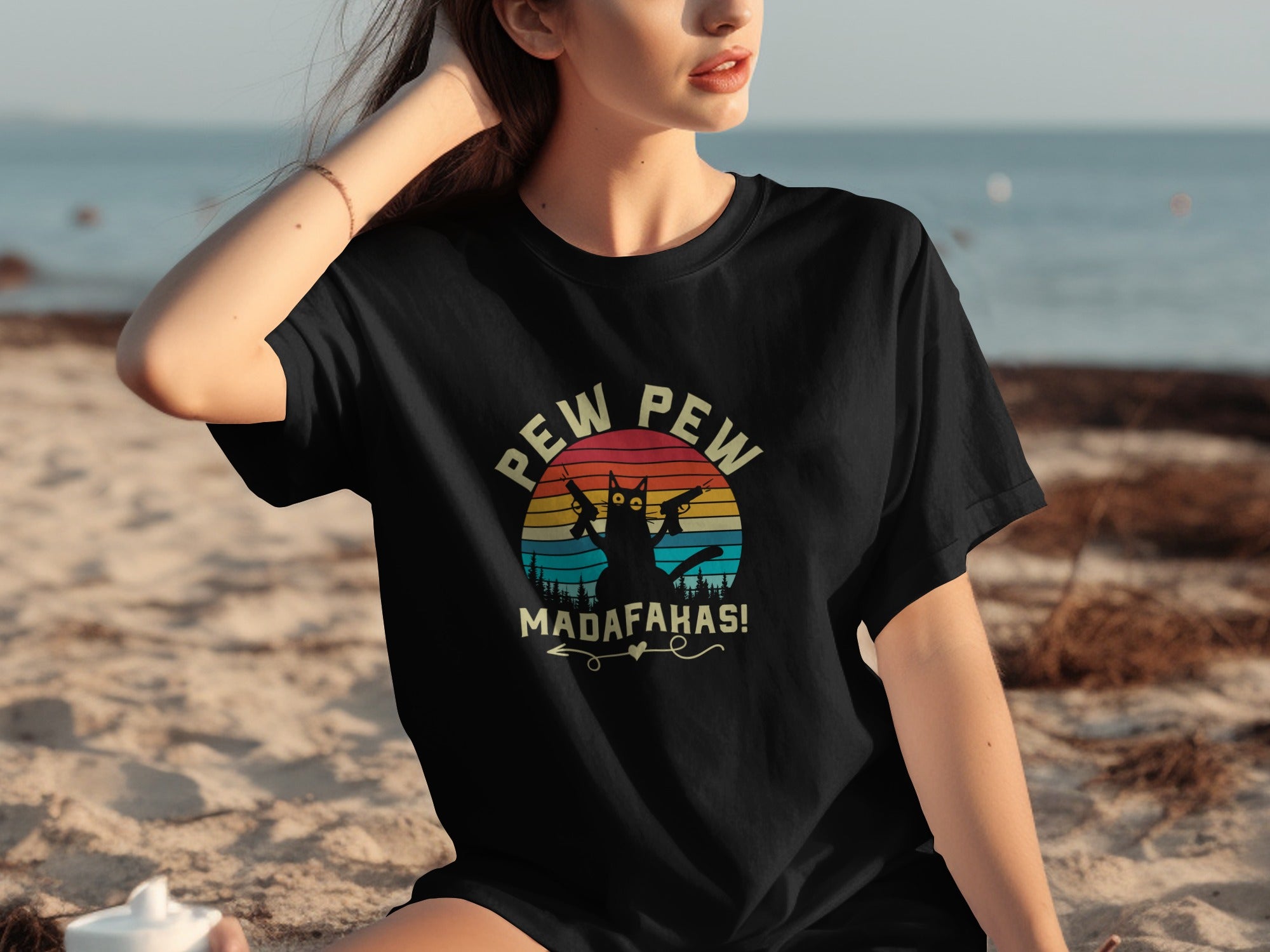 Black t-shirt with cat holding guns and "Pew Pew Madafahas!" text.