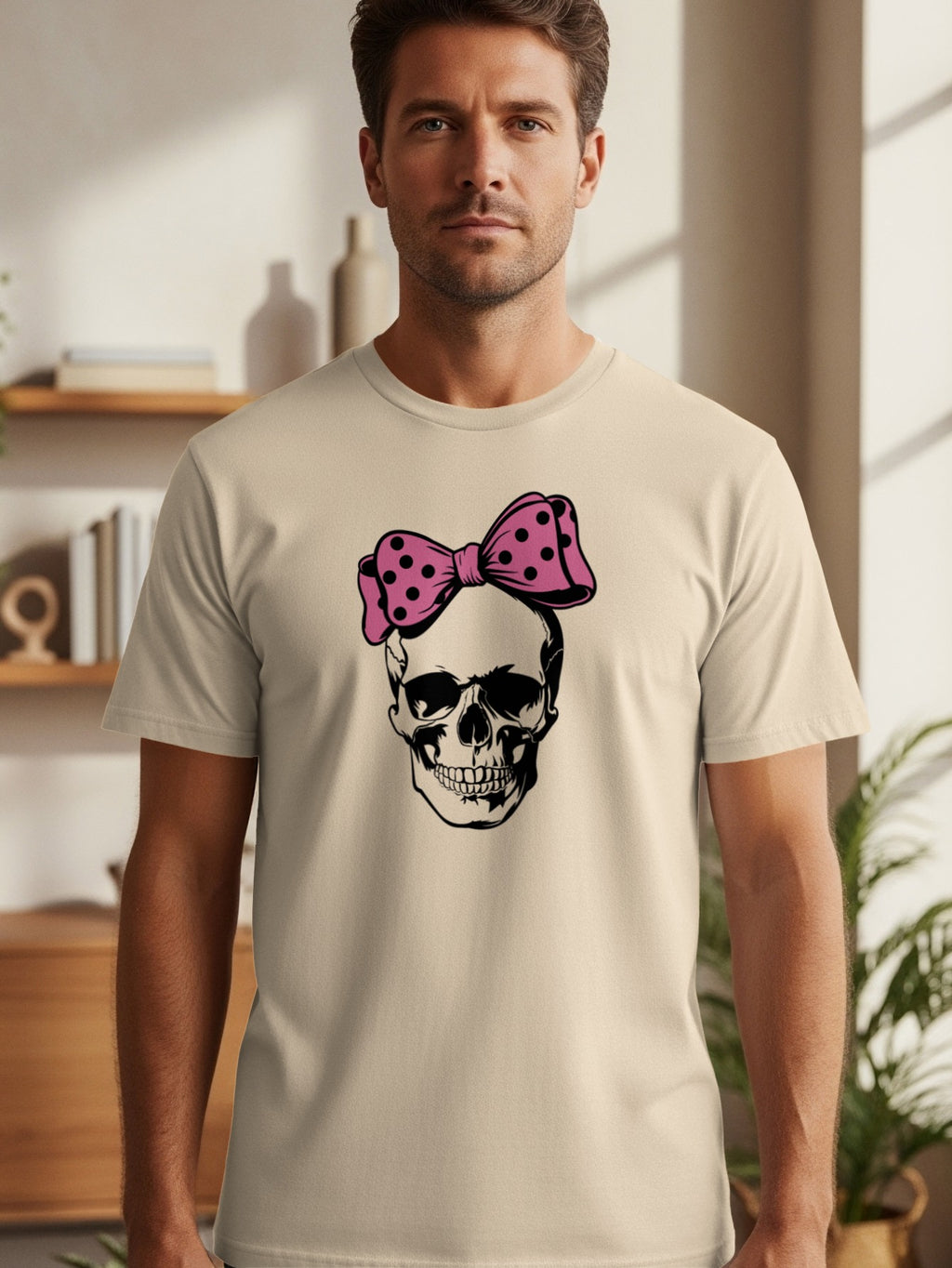 Skull with pink polka dot bow graphic on a cream t-shirt.