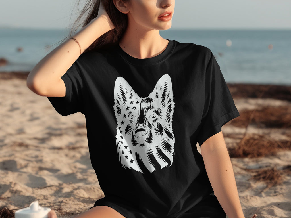 Black t-shirt with white wolf head and American flag star pattern.