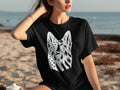 Black t-shirt with white wolf head and American flag star pattern.