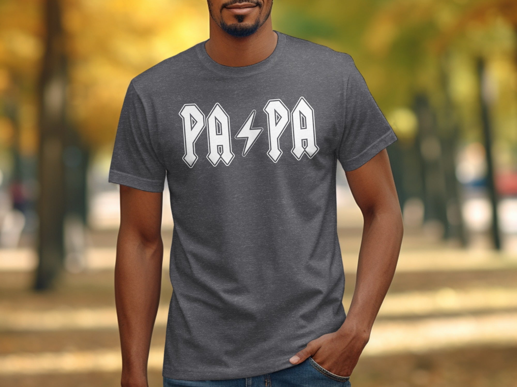 Dark grey t-shirt with white text "PAPA" and a lightning bolt.