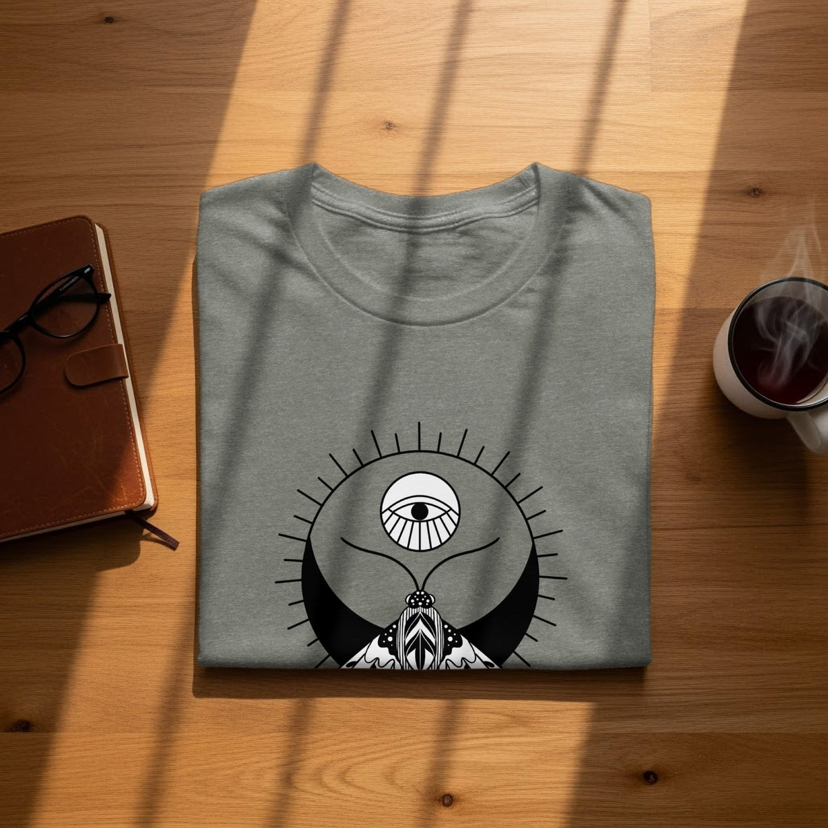 Grey t-shirt with black moth and all-seeing eye graphic on wooden table.
