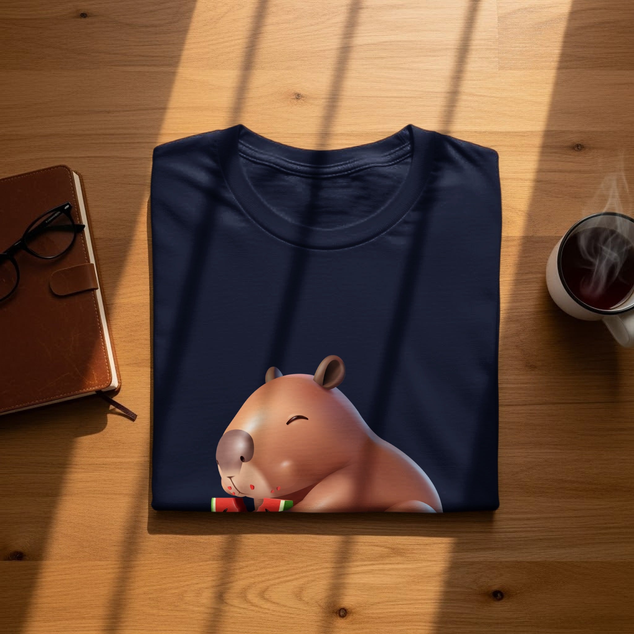 Dark navy t-shirt with a cartoon capybara eating watermelon slices.