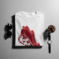 White t-shirt with red sneaker graphic and "Run For" text.