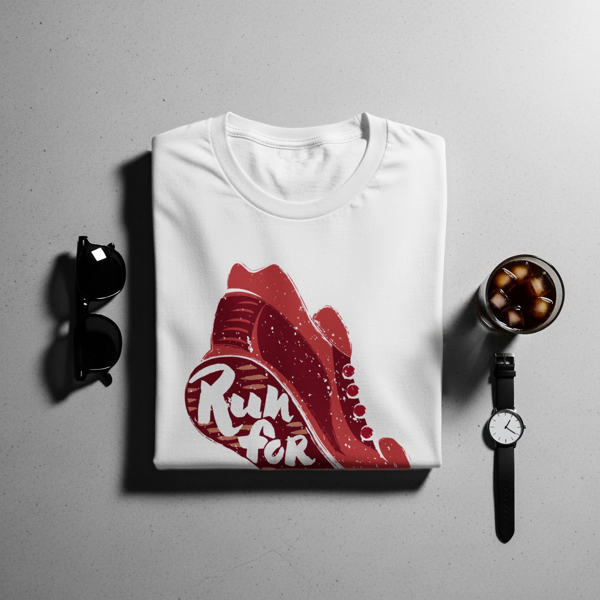 White t-shirt with red sneaker graphic and "Run For" text.