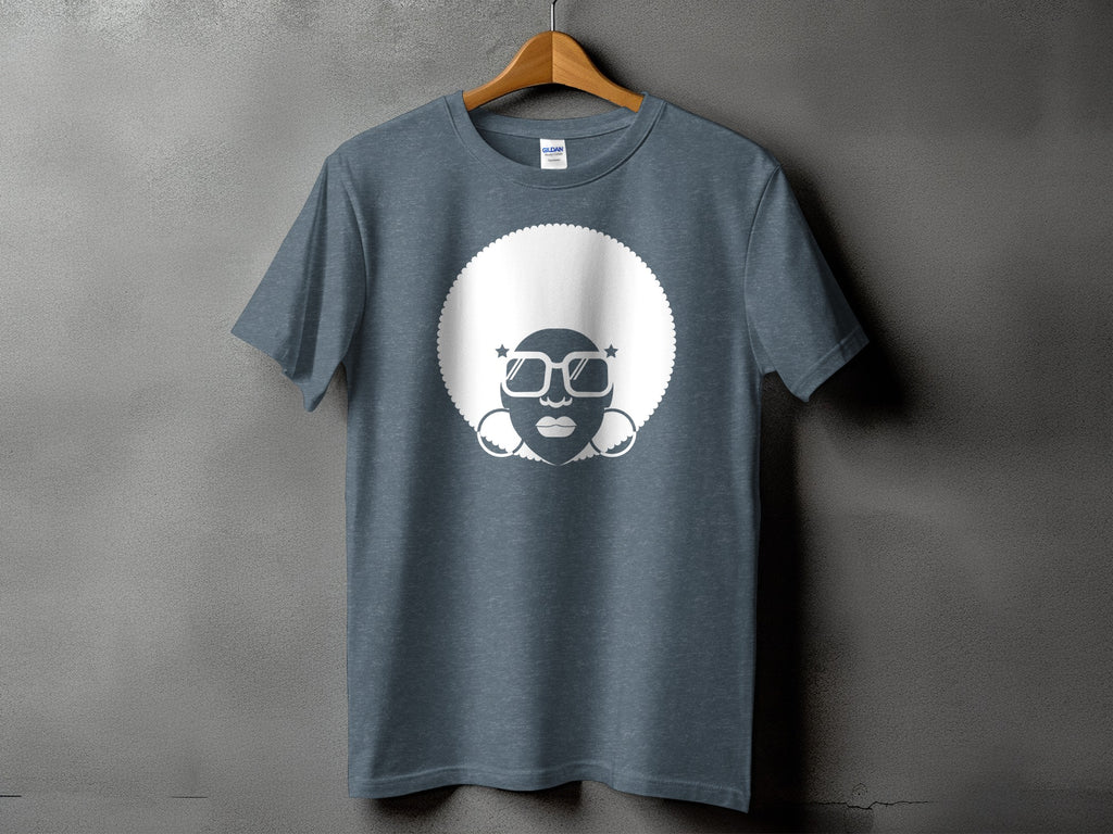 T-shirt with a white graphic of a person with large afro hair and sunglasses.