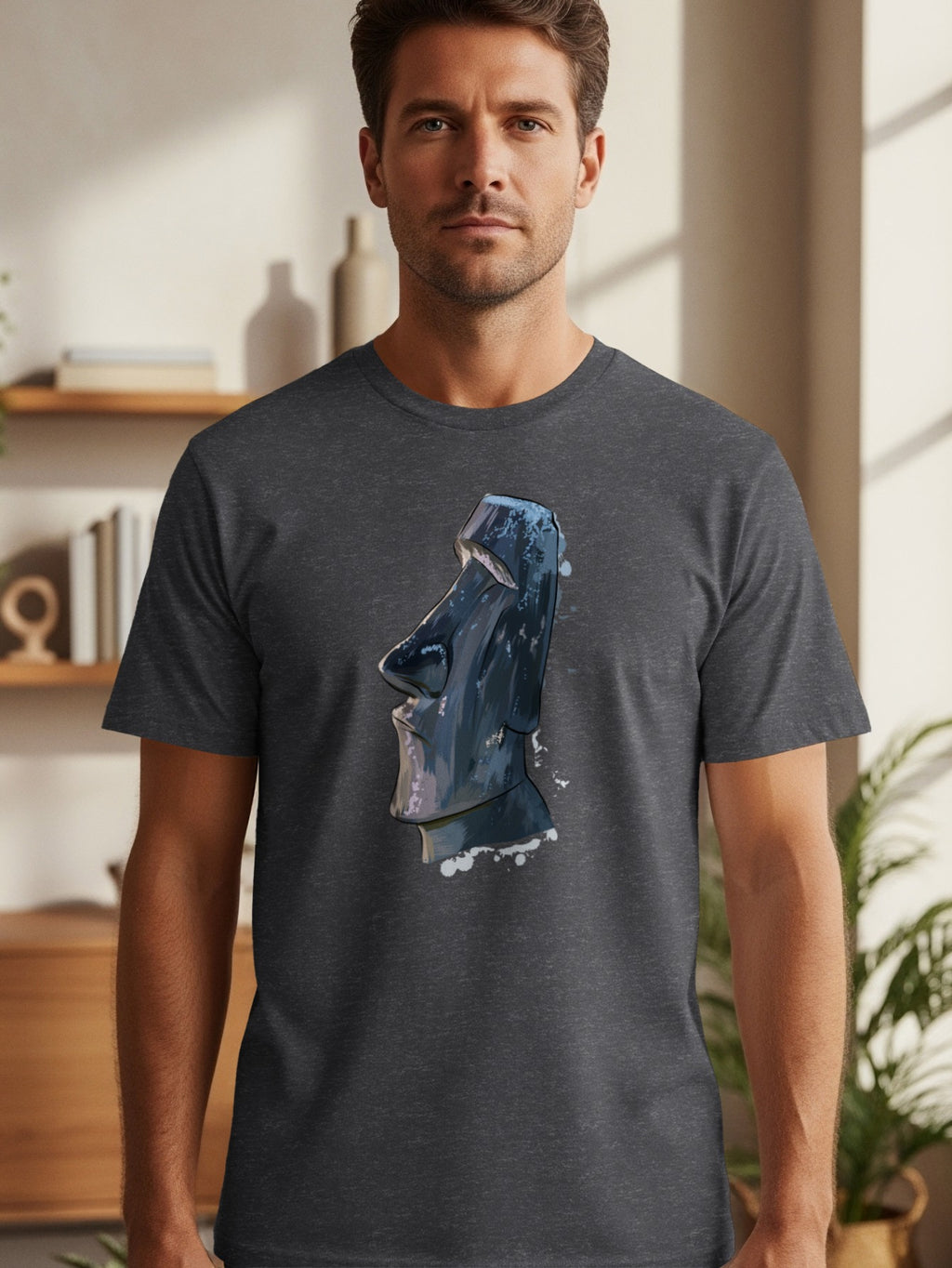 Dark grey t-shirt featuring a watercolor style Moai statue graphic on the chest.
