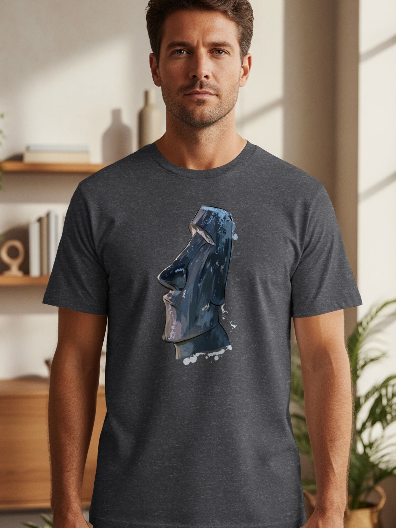 Dark grey t-shirt featuring a watercolor style Moai statue graphic on the chest.