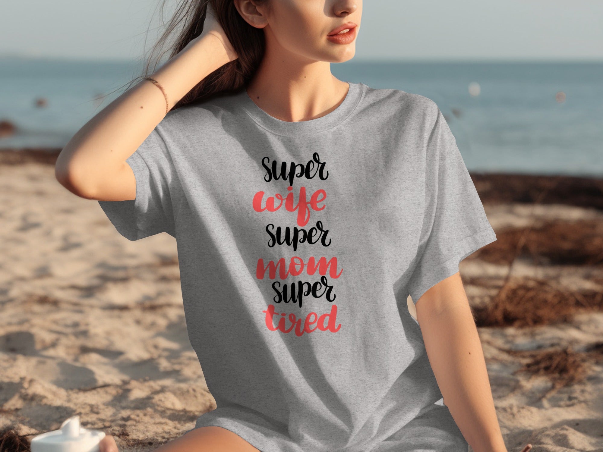 Grey t-shirt with text "Super wife super mom super tired"