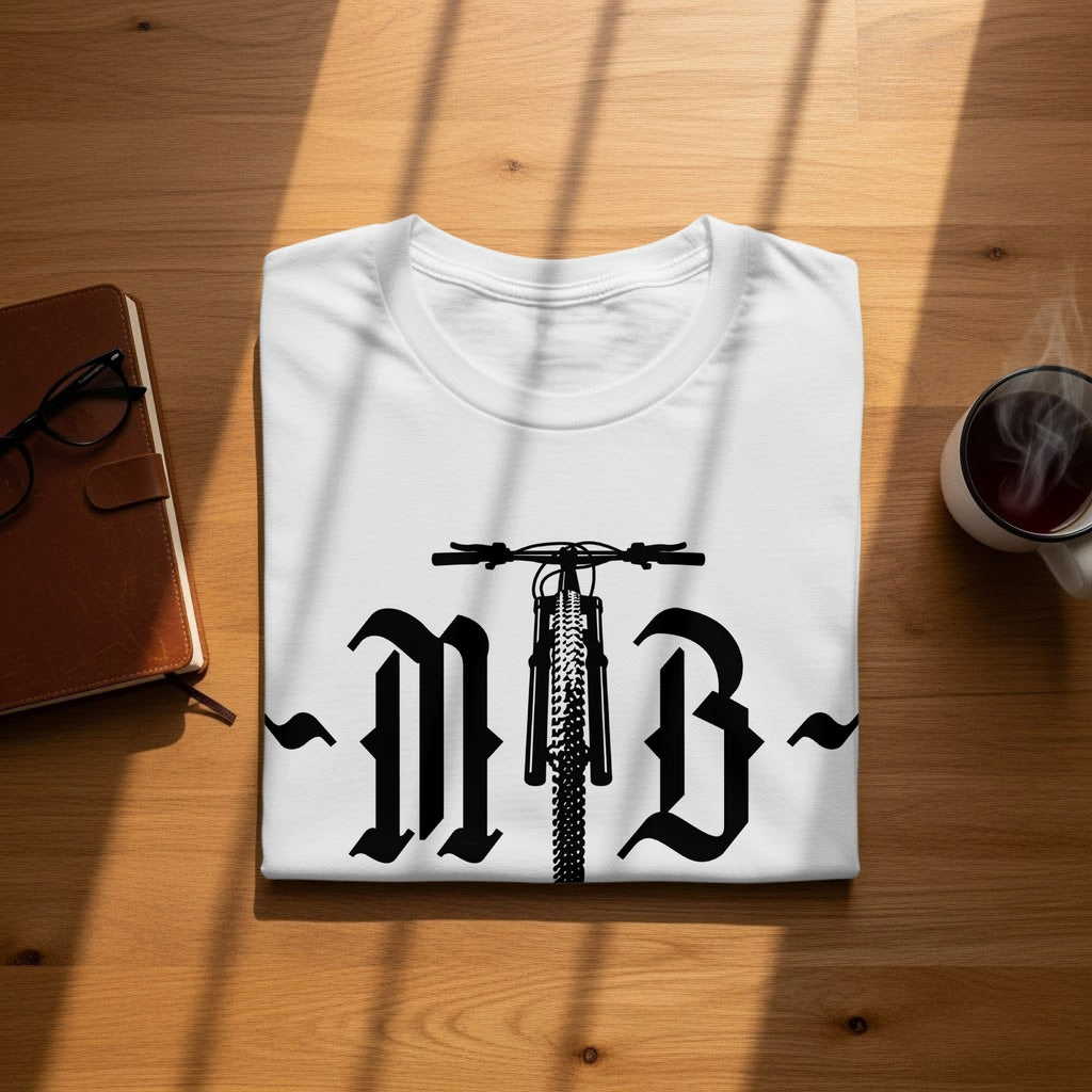 White t-shirt featuring black MTB graphic with handlebars and tire.