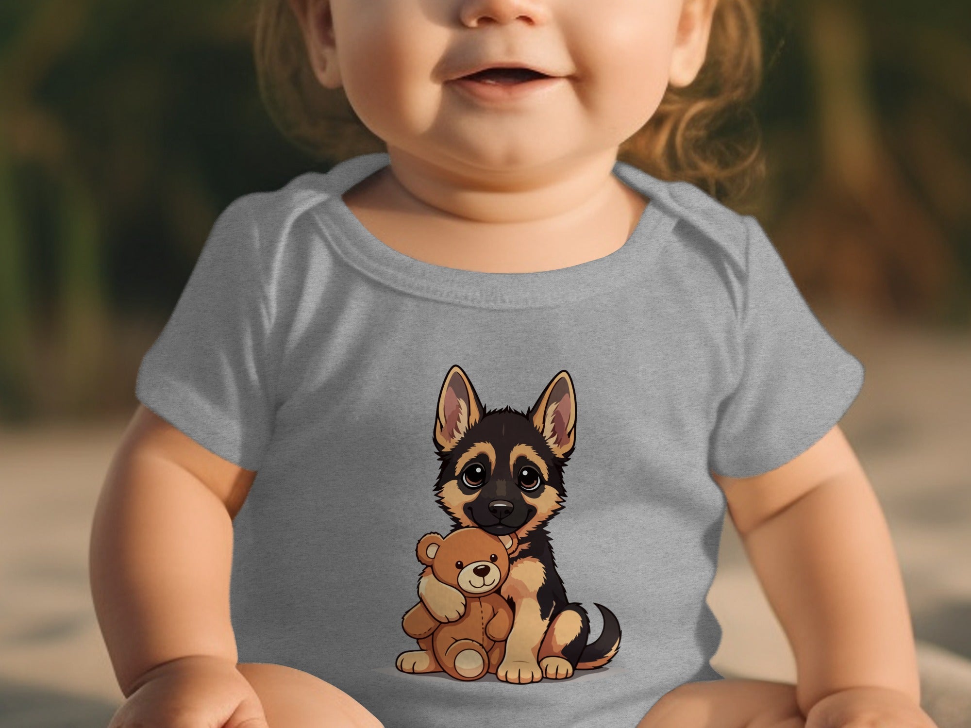Grey baby onesie with cartoon German Shepherd puppy hugging a teddy bear.