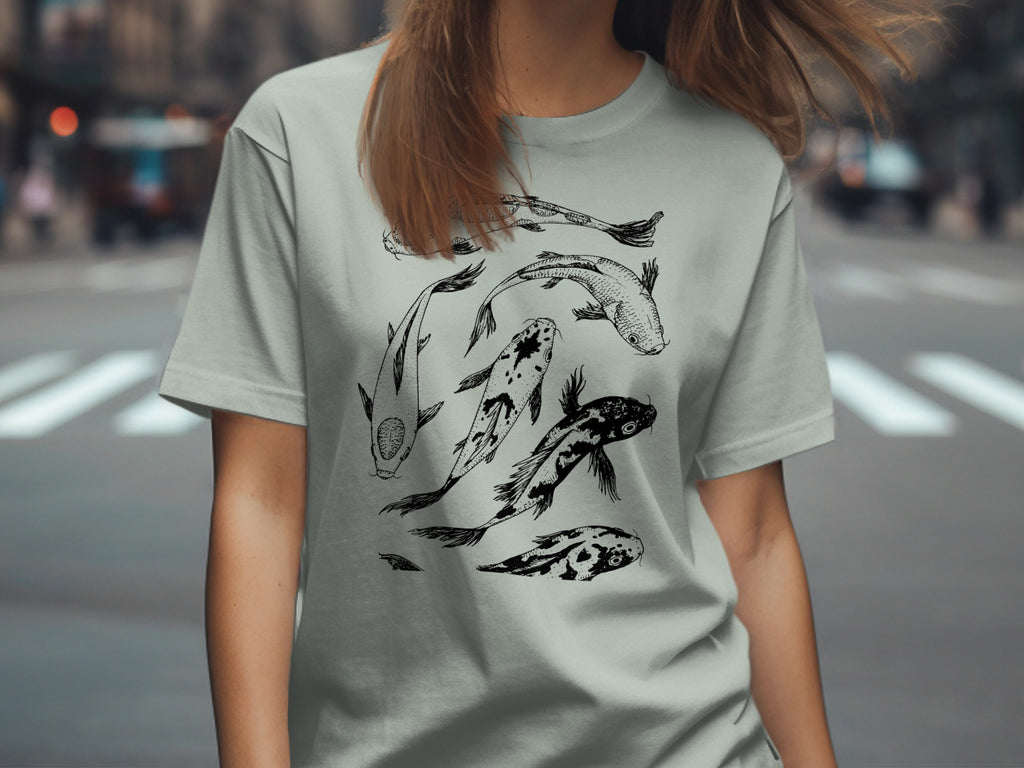Light gray crew neck t-shirt with a black sketch of seven koi fish.