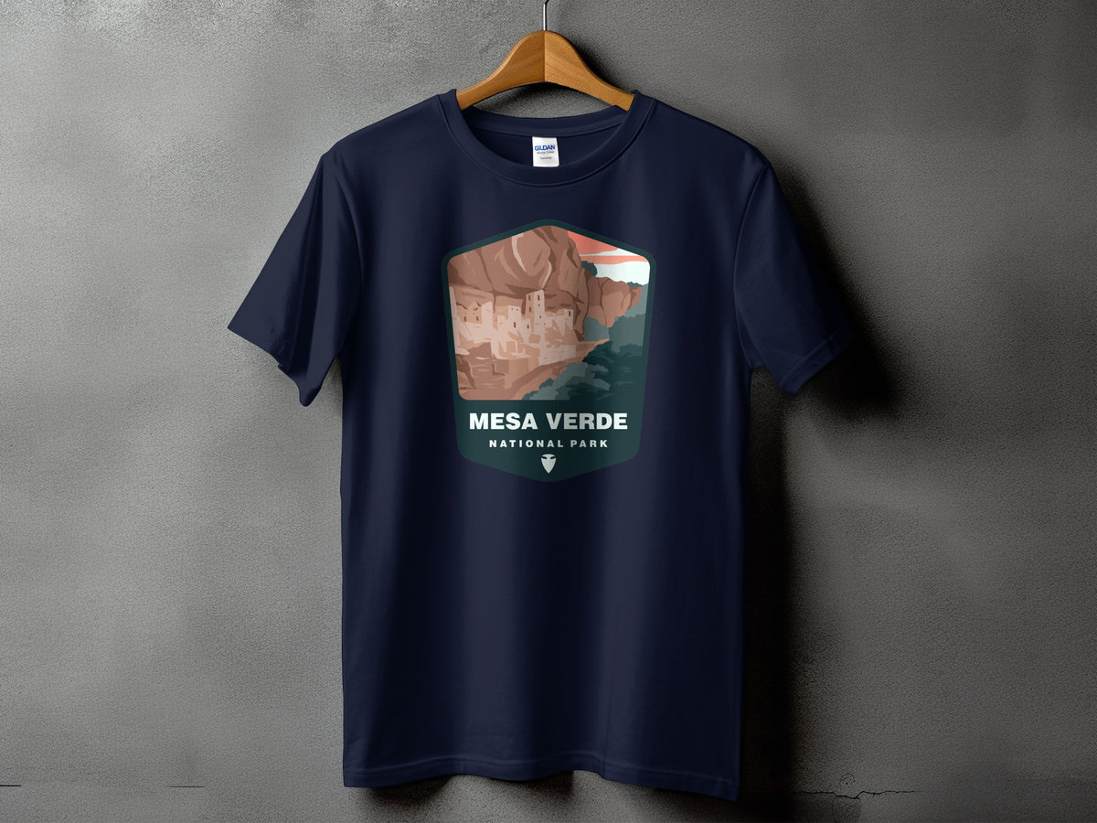 Navy t-shirt with Mesa Verde National Park graphic on the front.