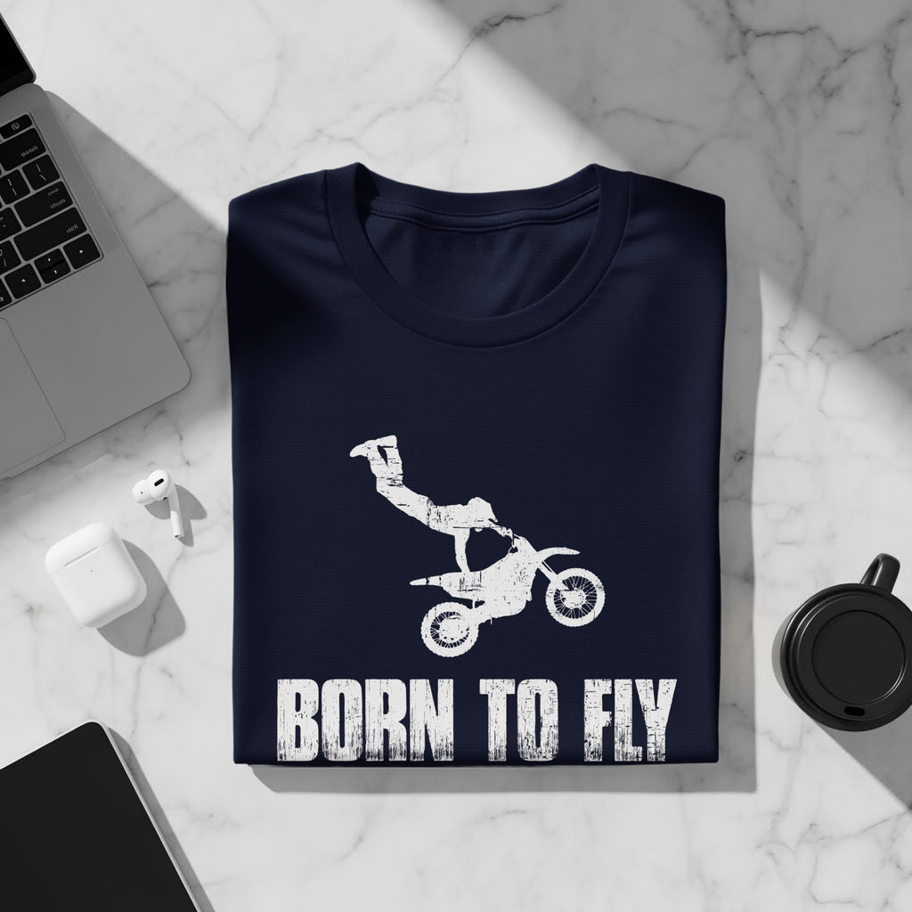 Navy t-shirt with white distressed graphic of a motocross rider and text "BORN TO FLY".