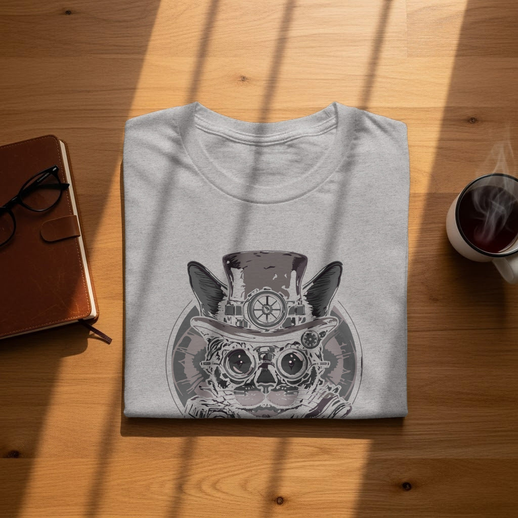 Grey t-shirt with a steampunk cat graphic featuring goggles and top hat.